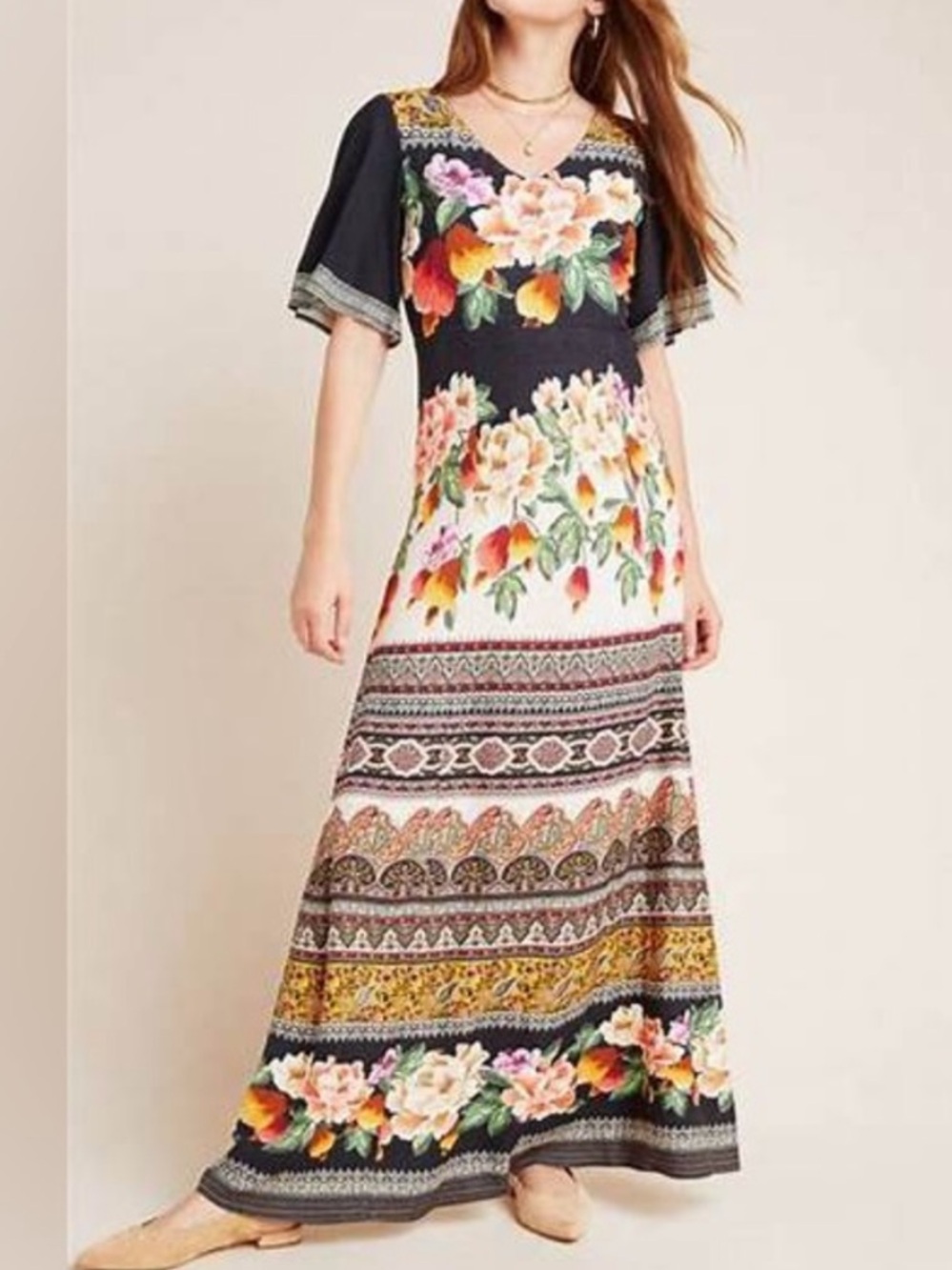 Farm Rio Esmeralda Floral Flutter Sleeve Maxi Dress Size M